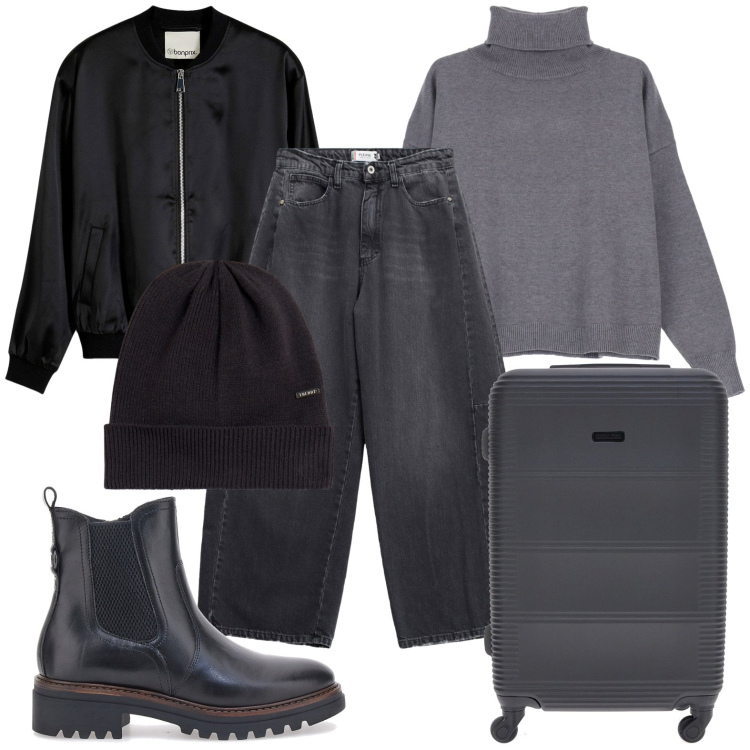 Outfit donna - In viaggio. Stile Trendy per Tutti i giorni. Abbinamento con bomber, jeans, cappelli, maglieria, stivaletti chelsea, valigie.