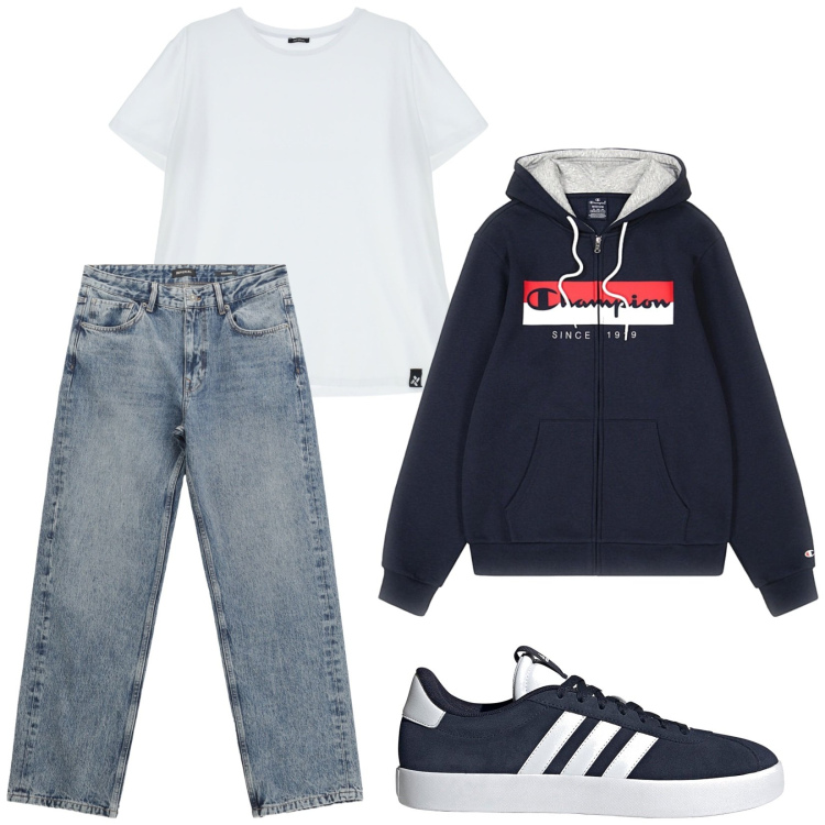 Outfit uomo - Total look #2241451. Stile Urban per Tutti i giorni. Abbinamento con jeans dritti, t-shirt, felpe con cappuccio, sneakers.