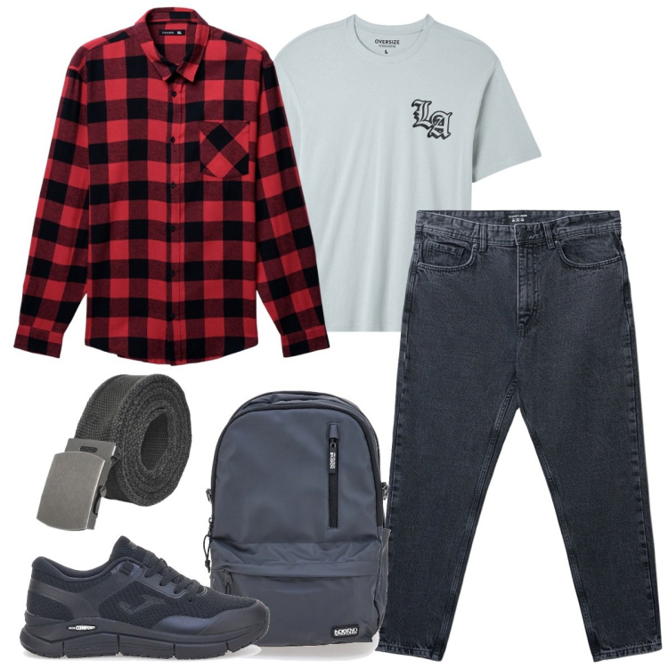 Outfit uomo - Country chic con camicia a quadri. Stile Casual per Tutti i giorni. Abbinamento con t-shirt, cinture, jeans strappati, camicie, borse sportive, sneakers.
