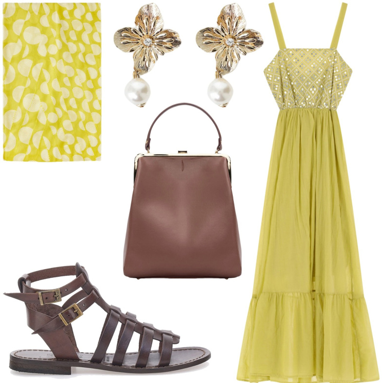 Outfit donna - Matrimonio a settembre. Stile Glamour per Cerimonia. Abbinamento con vestiti lunghi, orecchini, sandali alla schiava, borse a spalla, stole.