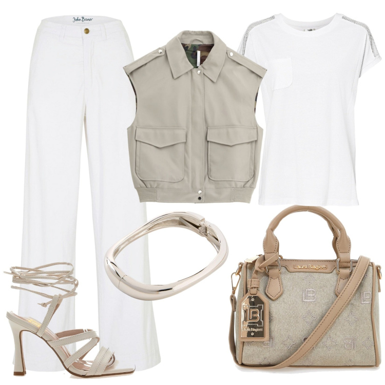 Outfit donna - Giubbino smanicato. Stile Trendy per Tutti i giorni. Abbinamento con jeans, t-shirt, braccialetti, gilet, borse a tracolla, sandali col tacco.