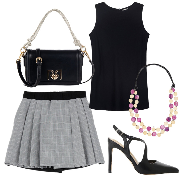 Outfit donna - La gonna corta. Stile Trendy per Tutti i giorni. Abbinamento con borse a mano, décolleté, gonne, top, collane.