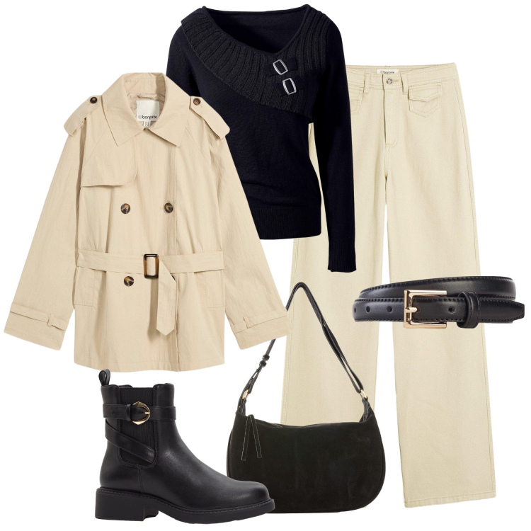 Outfit donna - Novità Bonprix autunno. Stile Urban per Tutti i giorni. Abbinamento con trench, pantaloni, maglieria, borse a mano, stivaletti chelsea, cinture.