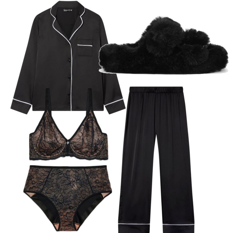 Outfit donna - Buona notte. Stile Glamour per Tutti i giorni. Abbinamento con pigiama, culotte, reggiseni, ciabatte.