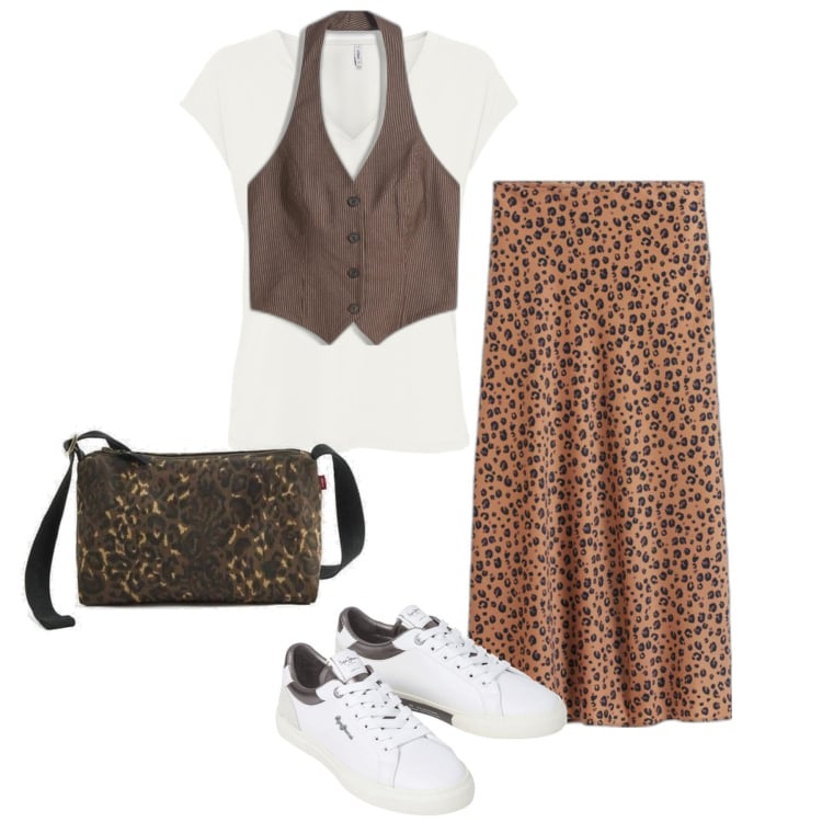 Outfit mujer - Sporty chic #2980. Estilo Sporty chic para Todos los días. Combinación con bandoleras, faldas, chalecos, sneakers, camiseta.