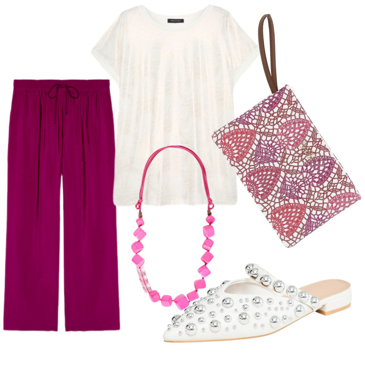 Outfit donna - Fiorella Rubino. Stile Casual per Tutti i giorni. Abbinamento con ballerine, bluse, collane, pantaloni, pochette.