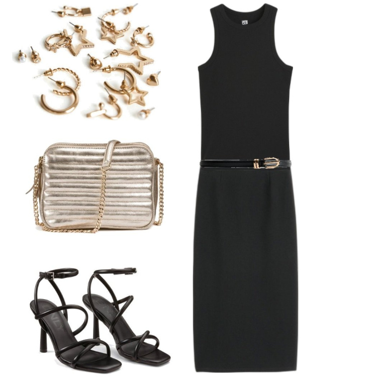 Outfit mujer - Cena Chic. Estilo Casual chic para Noche/Fiesta elegante. Combinación con bolsos de hombro, sandalias de tacón, pendientes, camisetas sin mangas, cinturones, faldas largas.