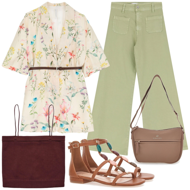 Outfit donna - Allegra con i fiorellini. Stile Casual per Tutti i giorni. Abbinamento con canottiere, jeans, blazer, borse a tracolla, sandali gioiello.
