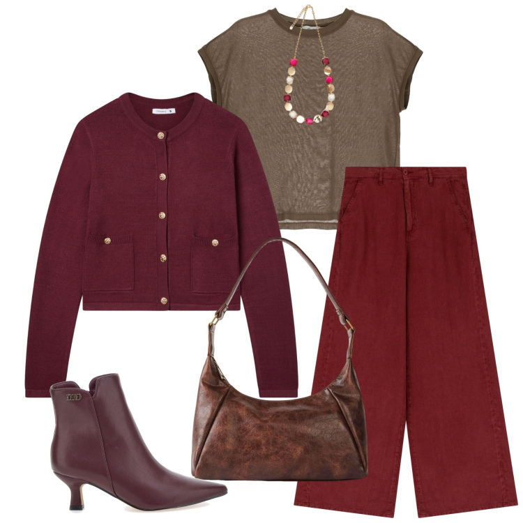 Outfit donna - Autunno style. Stile Minimal per Ufficio. Abbinamento con borse a mano, cardigans, pantaloni, t-shirt, stivaletti, collane.
