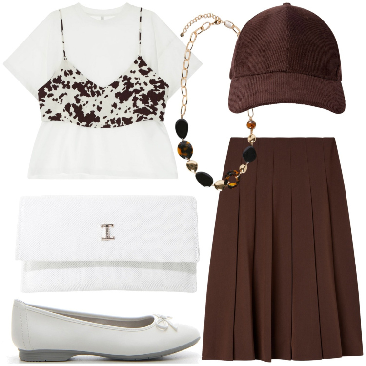 Outfit donna - Passeggiando sotto il sole. Stile Etnico per Tutti i giorni. Abbinamento con gonne lunghe, cappelli con visiera, borse a tracolla, t-shirt, ballerine, collane.