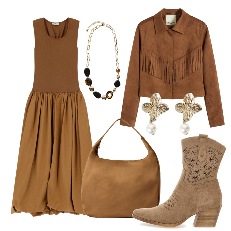 Outfit donna - Texani e frange. Stile Boho per Tutti i giorni. Abbinamento con blazer, borse a mano, vestiti midi/longuette, orecchini, stivaletti texani, collane.