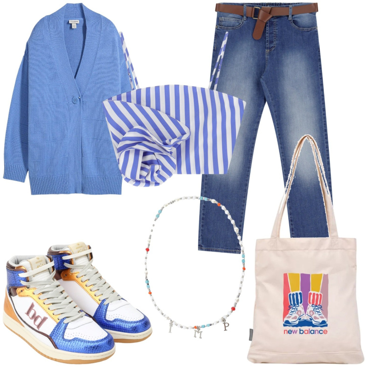 Outfit donna - Prima lezione. Stile Sporty chic per Scuola/Università. Abbinamento con cardigans, shopping bag, jeans dritti, canottiere, collane, sneakers alte.