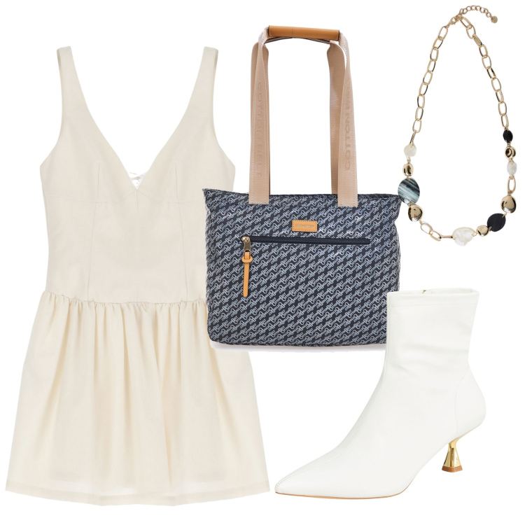 Outfit donna - Un po\' di bianco. Stile Basic per Tutti i giorni. Abbinamento con stivaletti, vestiti corti, collane, borse a spalla.