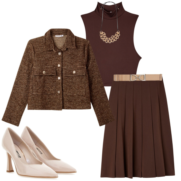 Outfit donna - In ufficio. Stile Bon Ton per Ufficio. Abbinamento con blazer, top, gonne lunghe, cinture, décolleté, collane.