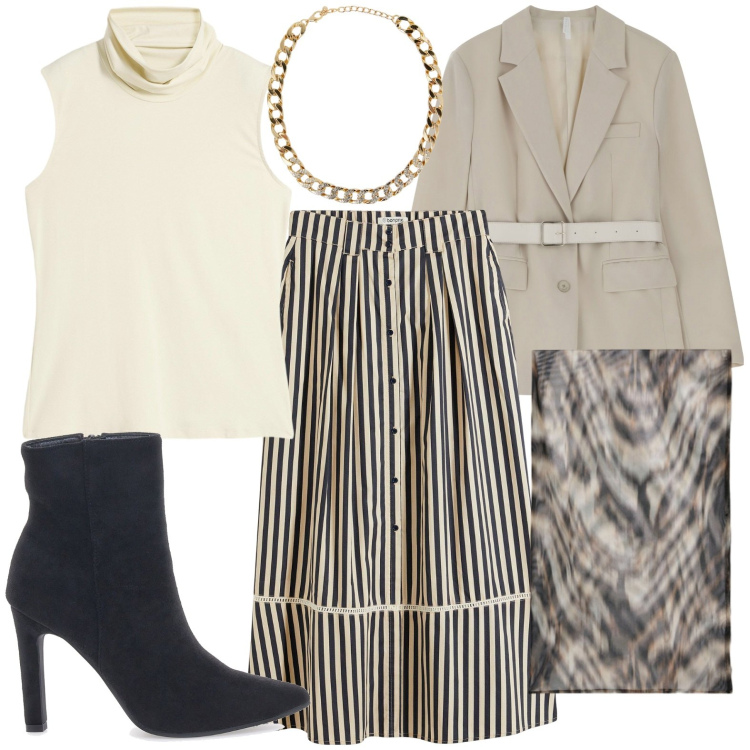 Outfit donna - Convention. Stile Glamour per Ufficio. Abbinamento con gonne lunghe, top, collane, blazer, stivaletti, foulard.