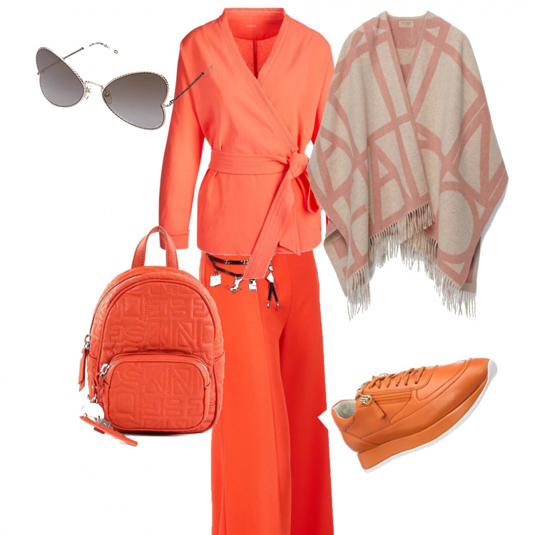 Outfit donna - Orange. Stile Urban per Tutti i giorni. Abbinamento con pantalone palazzo con zip e pieghe rosso, poncio con frange, zaino arancione, scarpe da ginnastica arancione, giacca.