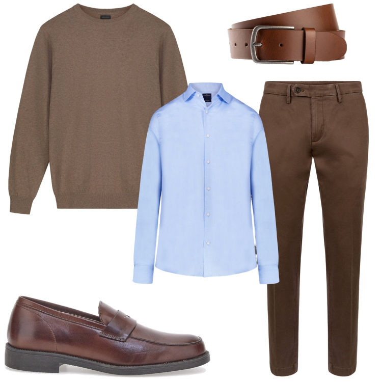 Outfit uomo - In ufficio. Stile Urban per Ufficio. Abbinamento con cinture, camicie, pantaloni chino, scarpe stringate, maglieria.