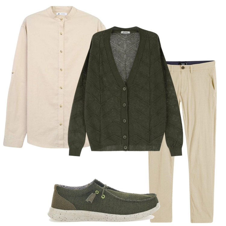 Outfit uomo - In città. Stile Urban per Tutti i giorni. Abbinamento con pantaloni chino, camicie, cardigans, scarpe stringate.