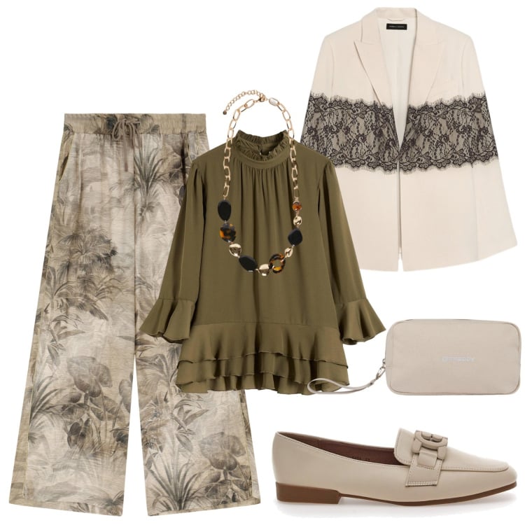 Outfit donna - Total look #2241507. Stile Casual chic per Tutti i giorni. Abbinamento con bluse, pantaloni, valigie, mocassini, blazer, collane.