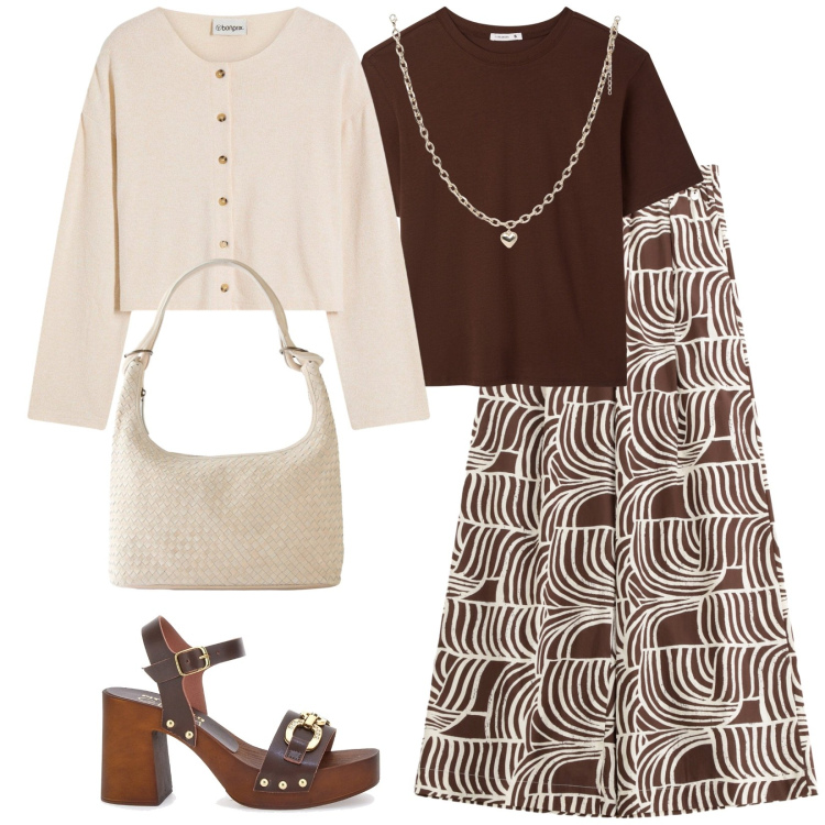 Outfit donna - Total look #2241508. Stile Casual chic per Tutti i giorni. Abbinamento con cardigans, shopping bag, collane, t-shirt, pantaloni, zoccoli.