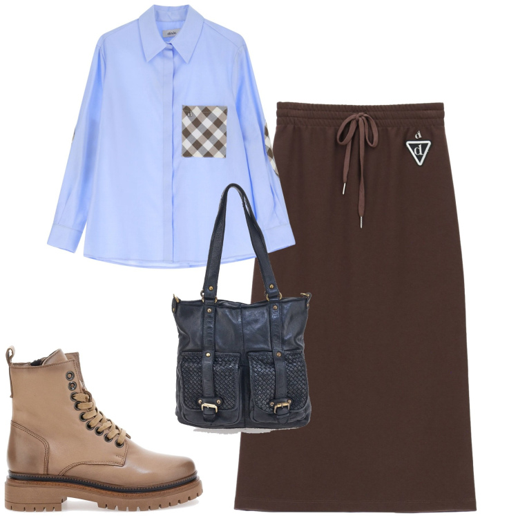 Outfit donna - Total look #2241515. Stile Casual chic per Tutti i giorni. Abbinamento con gonne longuette, camicie, anfibi, borse a spalla.