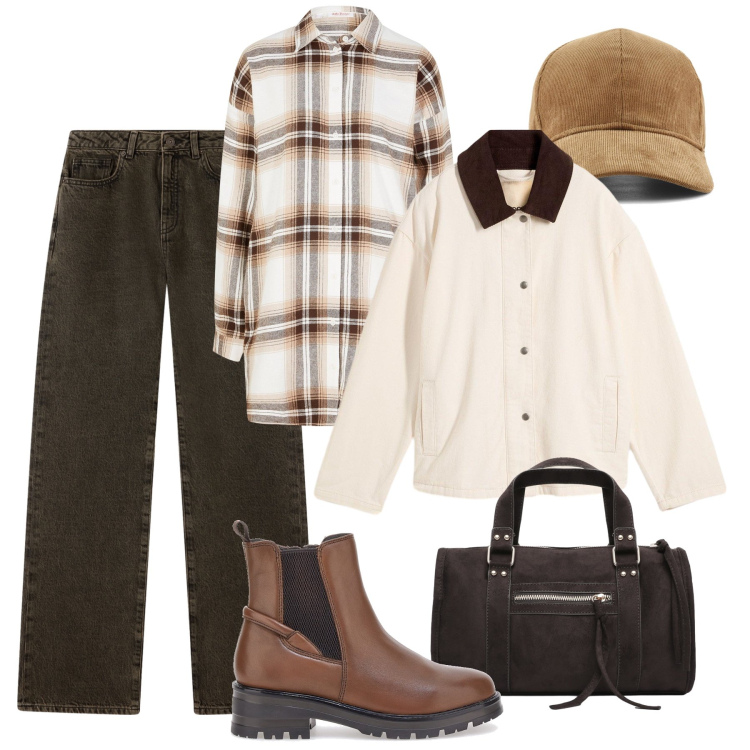 Outfit donna - Domenica in campagna. Stile Casual per Tutti i giorni. Abbinamento con camicie, blazer, jeans dritti, borse a mano, stivaletti chelsea, cappelli con visiera.