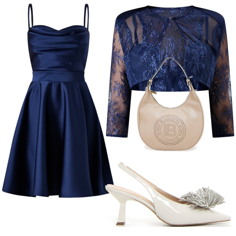 Outfit donna - Blu. Stile Glamour per Serata fuori. Abbinamento con bolero, vestiti corti, borse a spalla, décolleté.