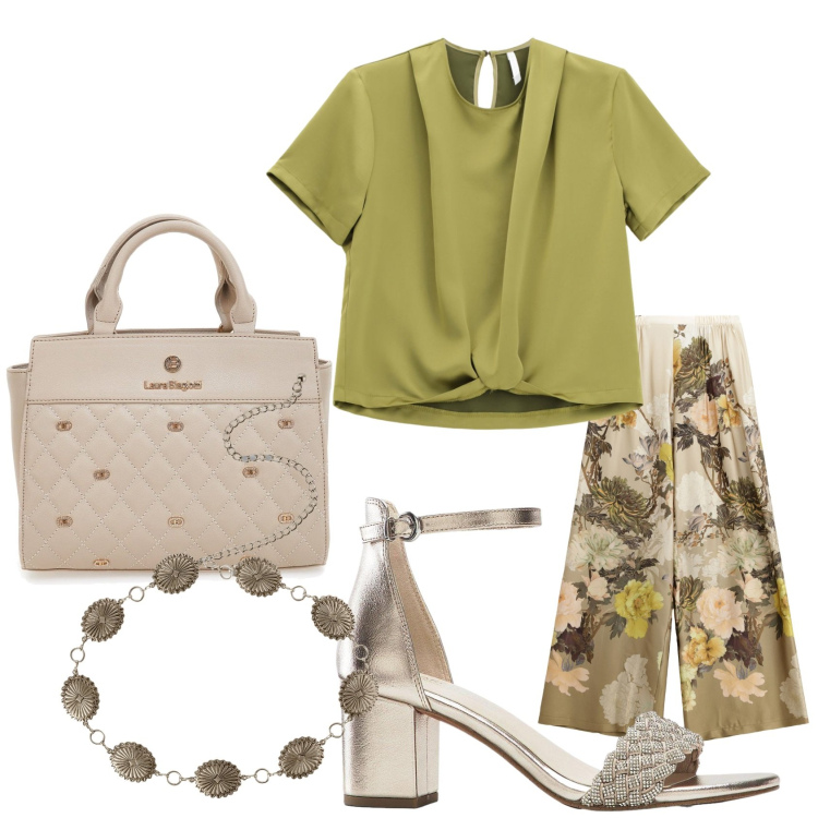 Outfit donna - Total look #2241529. Stile Casual chic per Tutti i giorni. Abbinamento con sandali col tacco, cinture, bluse, pantaloni a palazzo, borse a mano.