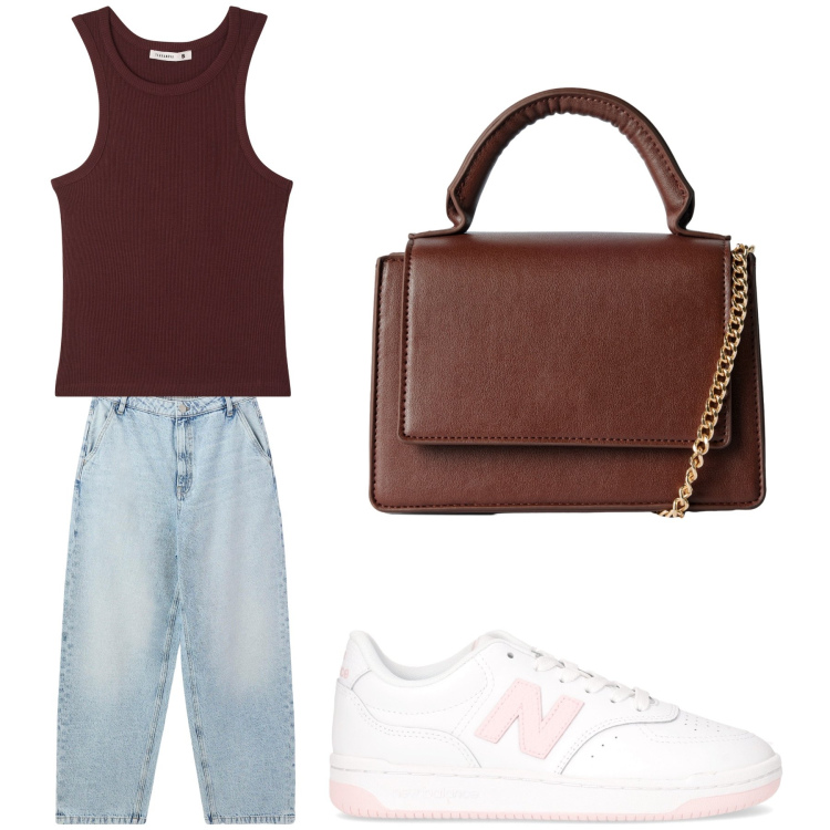Outfit donna - Aperitivo. Stile Trendy per Tutti i giorni. Abbinamento con top, borse a tracolla, jeans, sneakers.