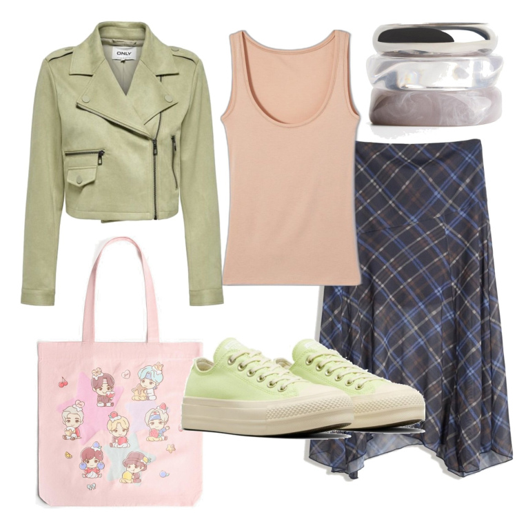 Outfit mujer - Preppy #594. Estilo Preppy para Oficina. Combinación con sneakers, blazers, pulseras, bolso shopper, falda longuette, camiseta.