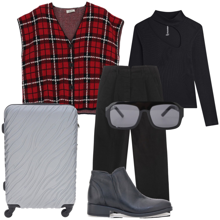 Outfit donna - Viaggio in Scozia. Stile Trendy per Tutti i giorni. Abbinamento con occhiali da sole, maglieria, gilet, stivaletti, pantaloni, valigie.