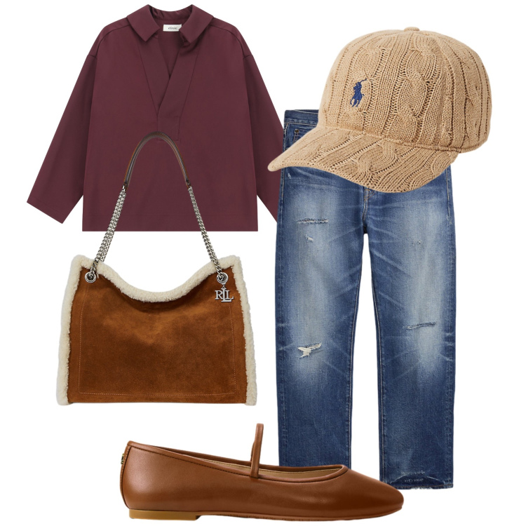 Outfit donna - Primi freddi. Stile Sporty chic per Tutti i giorni. Abbinamento con camicie, ballerine, borse tote, jeans, cappelli.