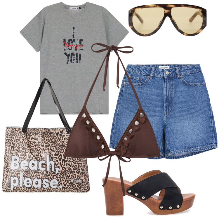 Outfit donna - Weekend al mare. Stile Trendy per Mare. Abbinamento con bermuda, borse tote, bikini, t-shirt, occhiali da sole, zoccoli.