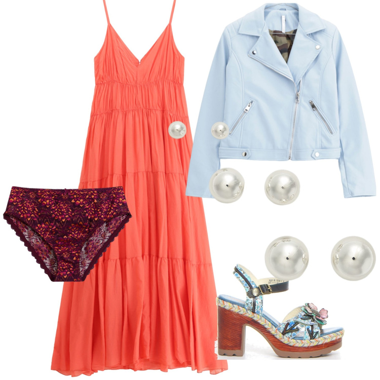 Outfit donna - Serata al mare. Stile Glamour per Serata fuori. Abbinamento con culotte, blazer, vestiti lunghi, orecchini, sandali col tacco.