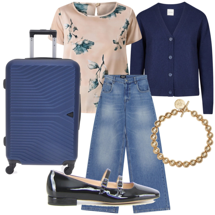 Outfit donna - Golfino da viaggio. Stile Sporty chic per Tutti i giorni. Abbinamento con bluse, jeans, braccialetti, cardigans, valigie, ballerine.