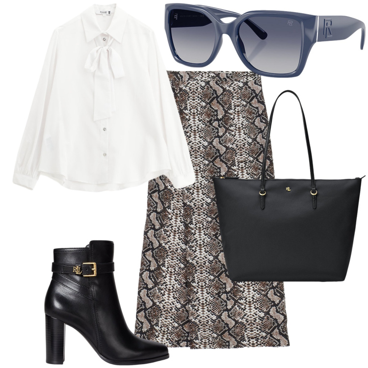 Outfit donna - Camicia e gonna al lavoro. Stile Basic per Ufficio. Abbinamento con camicie, gonne lunghe, stivaletti, borse tote, occhiali da sole.