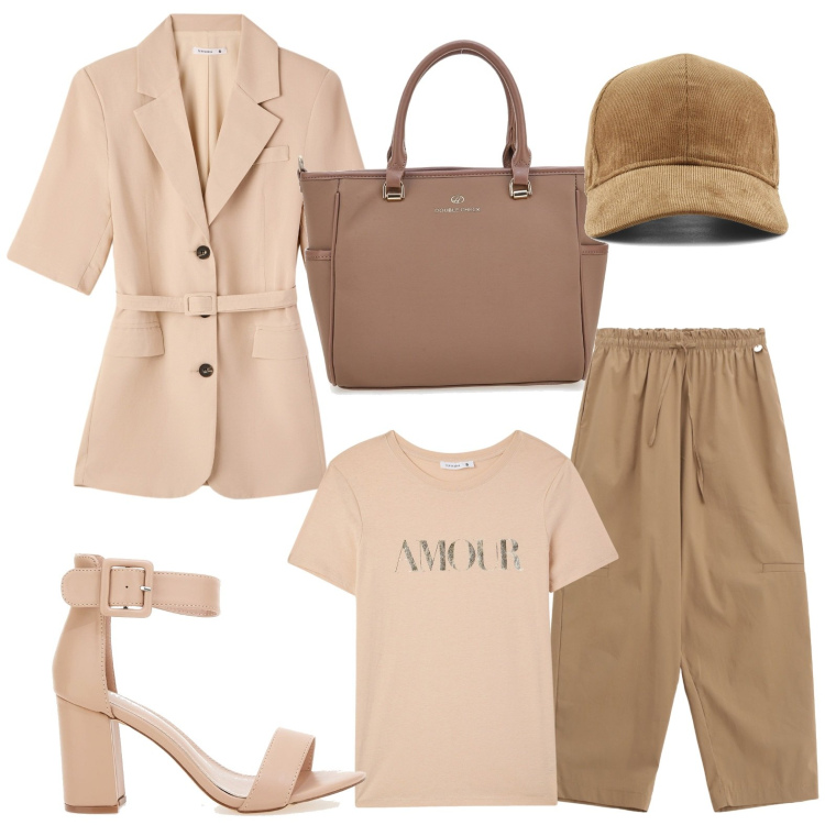 Outfit donna - Tonalità terra. Stile Trendy per Ufficio. Abbinamento con t-shirt, blazer, pantaloni corti, borse a tracolla, sandali col tacco, cappelli con visiera.