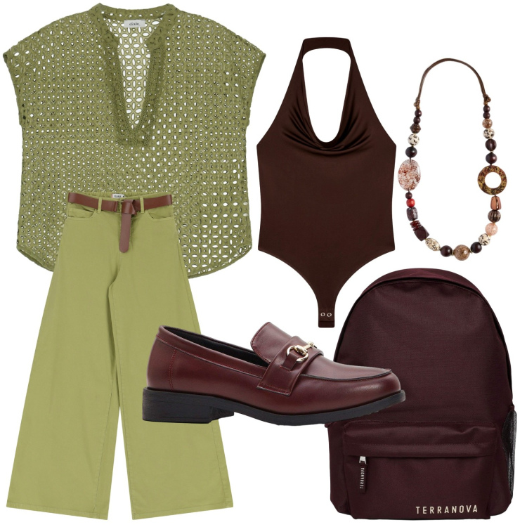 Outfit donna - Terranova style. Stile Etnico per Scuola/Università. Abbinamento con mocassini, zaini, body, pantaloni, camicie a manica corta, collane.