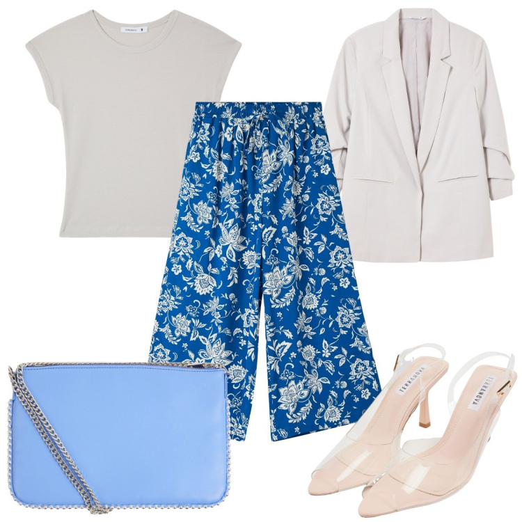 Outfit donna - Terranova - back to reality in città. Stile Trendy per Tutti i giorni. Abbinamento con pantaloni a palazzo, borse a tracolla, blazer, t-shirt, sandali col tacco.