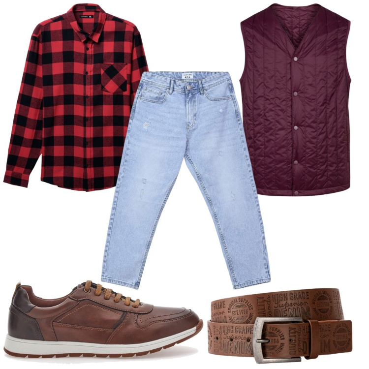 Outfit uomo - Country chic : una vivace camicia a quad. Stile Trendy per Tutti i giorni. Abbinamento con cinture, jeans strappati, camicie, scarpe stringate, piumini.