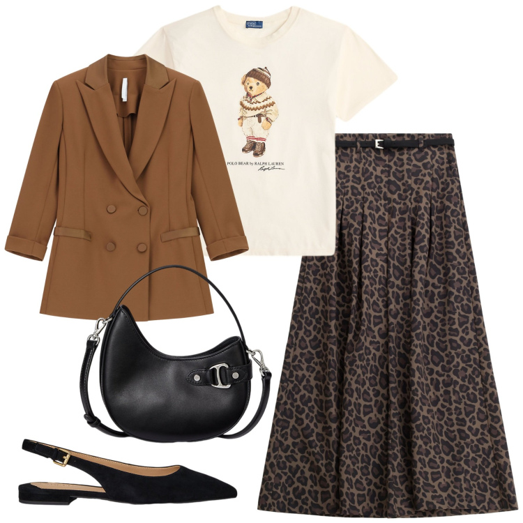 Outfit donna - Total look #2241611. Stile Glamour per Tutti i giorni. Abbinamento con pantaloni, blazer, borse a tracolla, ballerine, t-shirt.