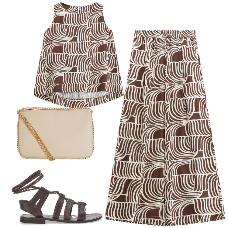 Outfit donna - Total look #2241623. Stile Trendy per Tutti i giorni. Abbinamento con borse a tracolla, top, pantaloni, sandali in pelle.