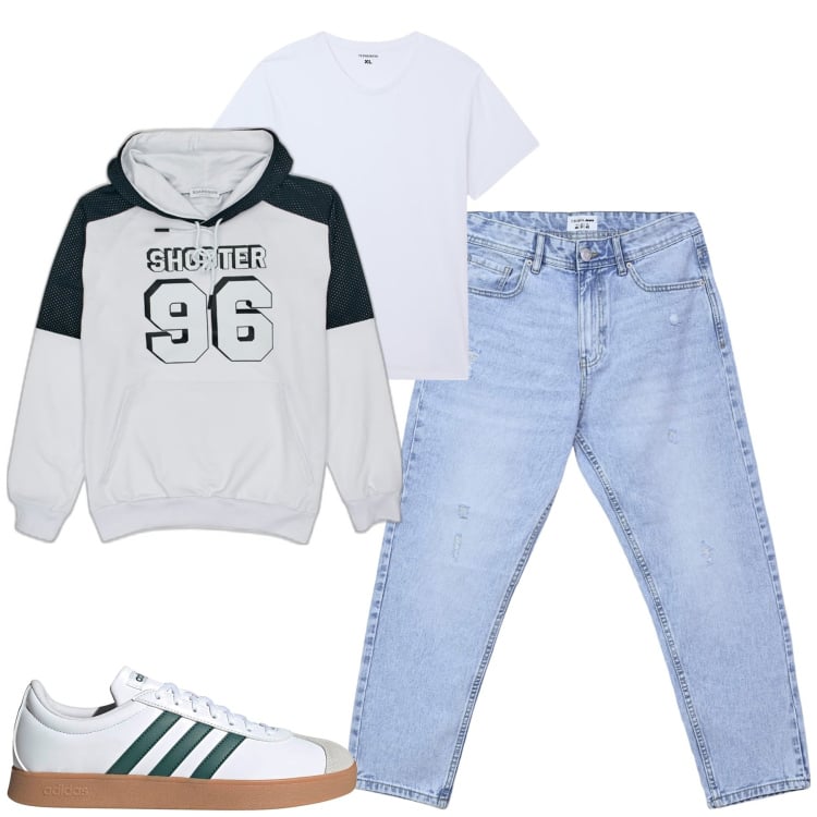 Outfit uomo - Settembre. Stile Casual per Tutti i giorni. Abbinamento con t-shirt, jeans strappati, felpe con cappuccio, sneakers.