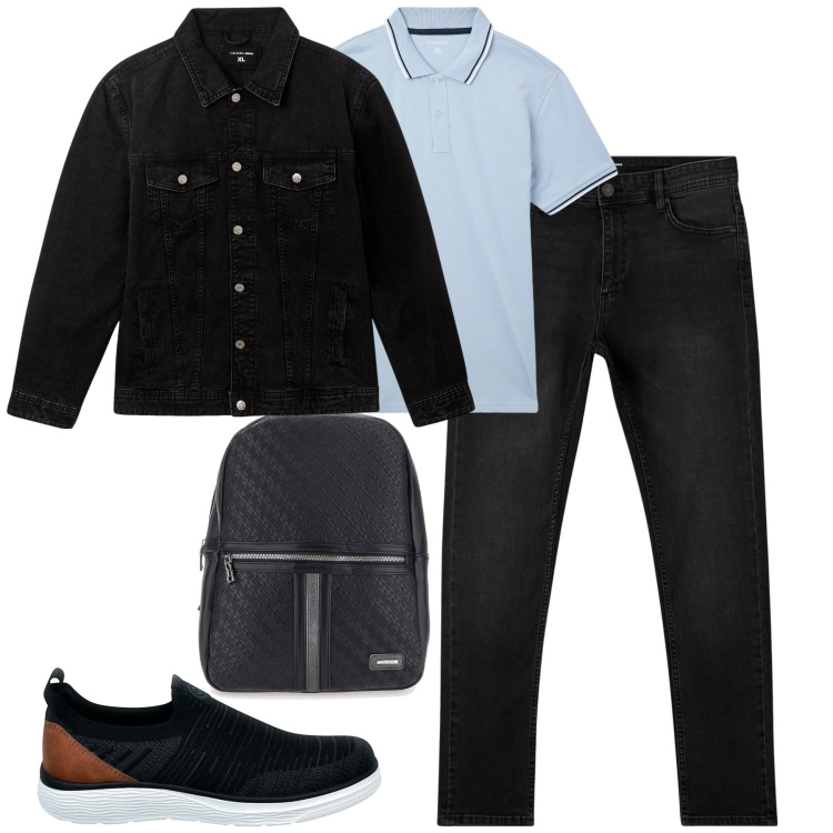 Outfit uomo - Settembre. Stile Casual per Tutti i giorni. Abbinamento con giacche, jeans skinny, polo, borse sportive, sneakers.