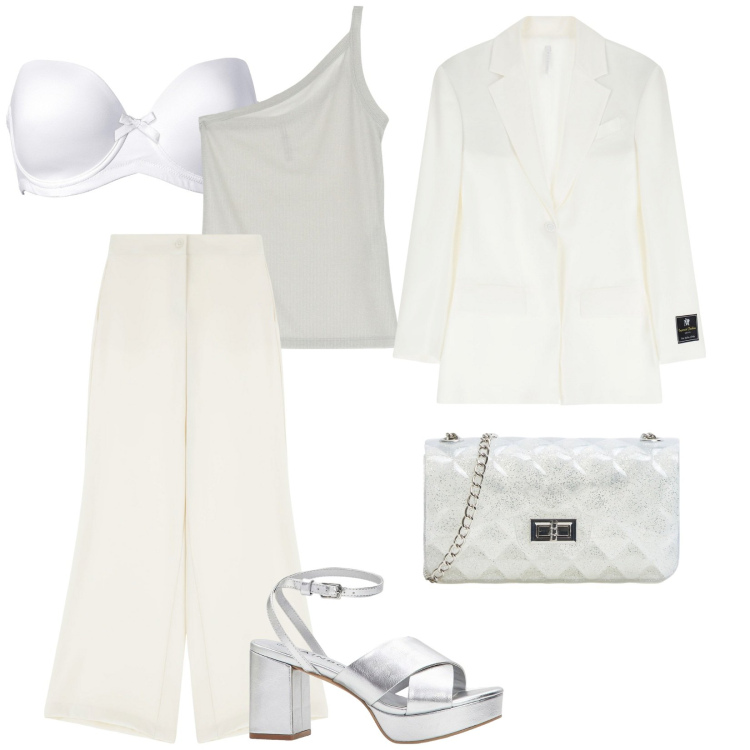 Outfit donna - I pantaloni a vita alta. Stile Chic per Cerimonia. Abbinamento con reggiseni, sandali col tacco, borse a tracolla, pantaloni, blazer, top.