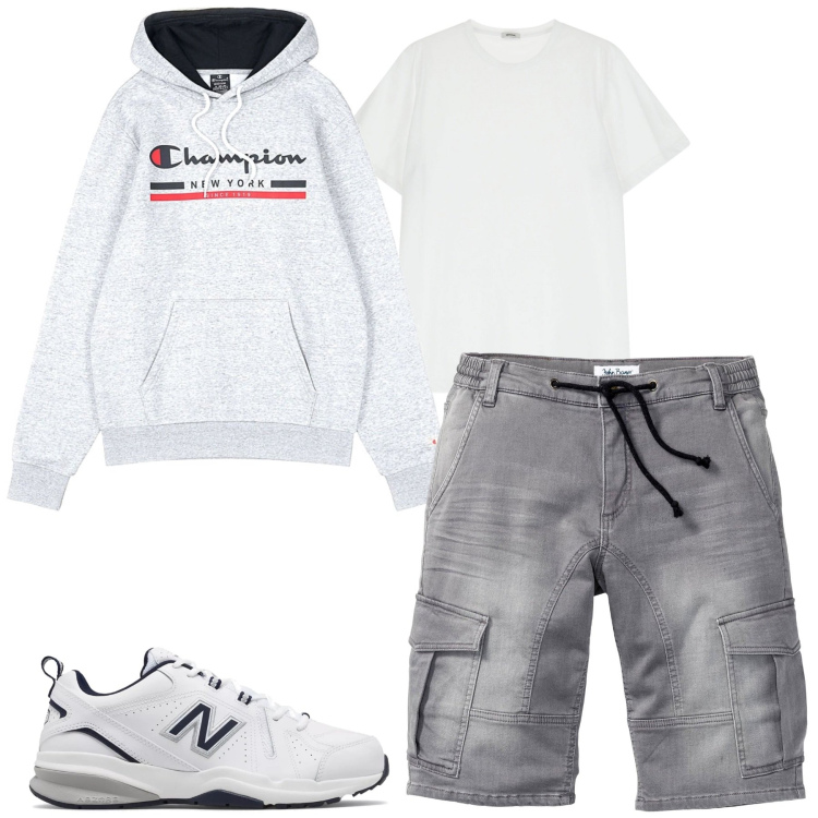 Outfit uomo - Settembre. Stile Casual per Tutti i giorni. Abbinamento con bermuda, sneakers, t-shirt, felpe con cappuccio.