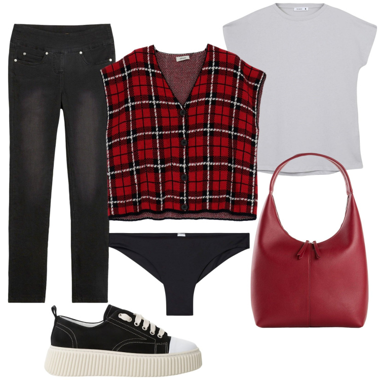 Outfit donna - Lo smanicato scozzese. Stile Trendy per Tutti i giorni. Abbinamento con jeans, shopping bag, culotte, t-shirt, sneakers, gilet.