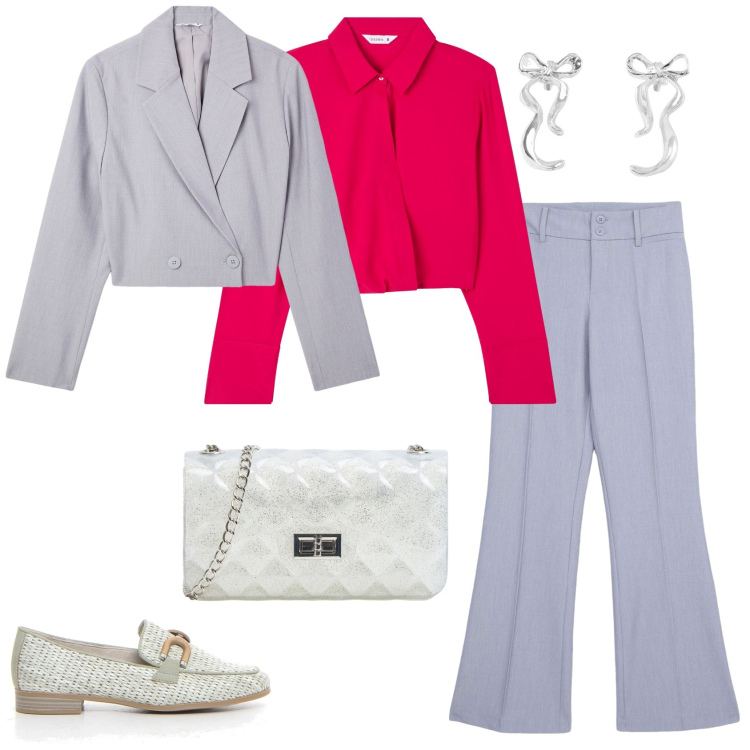 Outfit donna - Back to reality challenge. Stile Chic per Ufficio. Abbinamento con bluse, borse a tracolla, pantaloni, blazer, orecchini, mocassini.
