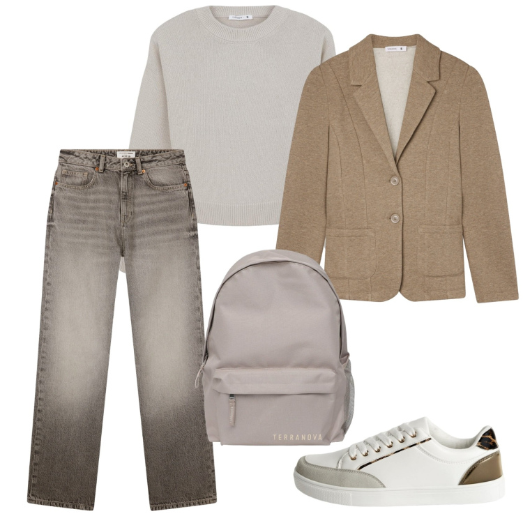 Outfit donna - Total look #2241642. Stile Casual per Ufficio. Abbinamento con blazer, sneakers, maglieria, jeans dritti, zaini.