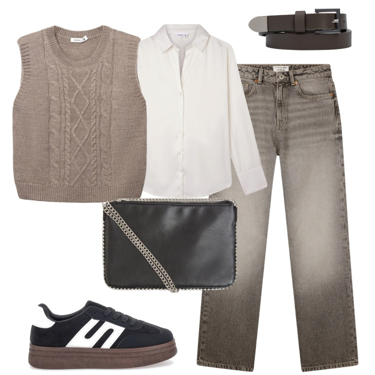 Outfit donna - Fall. Stile Casual chic per Tutti i giorni. Abbinamento con maglieria, jeans dritti, camicie, borse a tracolla, sneakers, cinture.